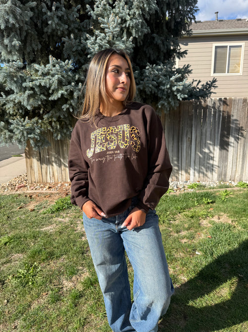 Brown leopard Jesus is the way sweater